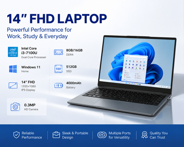 New 14 Inch Laptop Computer Intel Core I3-7100U 16GB RAM 512GB SSD FHD 1920x1080 Display Windows 11 Business Office Notebook PC