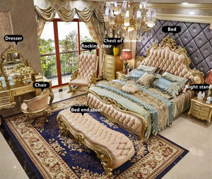 Ensemble de lit en cuir champagne haut de gamme européen 2026, double, en bois massif, style palais <span class=keywords><strong>français</strong></span> de luxe pour chambre principale de villa - Product Image 3