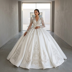 Lscm110 Ivory Alencon Lace Satin Ball Gown Wedding Dress Beaded <b>Sequined</b> Luxurious Modern Sweetheart Neckline Chapel Train - Product Image 1