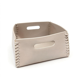 <span class=keywords><strong>Panier</strong></span> de rangement moderne en similicuir beige avec poignée découpée et surpiqûres décoratives - Product Image 5