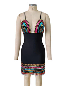 Robe noire sexy à bretelles en V, ornée de pampilles et de diamants, coupe trapèze, en polyester/coton, taille élastique - Product Image 2