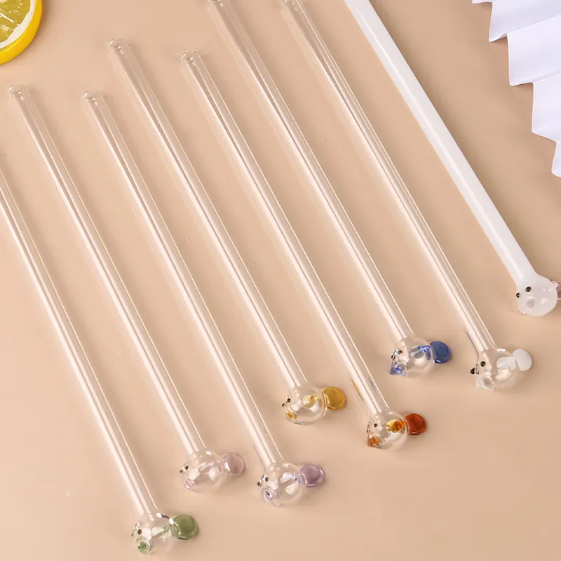 Hot Selling Small Fish Tube Lip-Protecting Curved Colorful Glass Straw