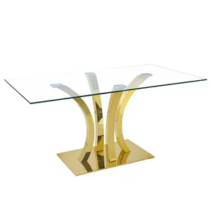 Furnitur ruang makan meja kopi besar alas baja tahan karat emas cermin meja kopi modern kaca tempered persegi panjang