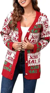 Venda imperdível suéter de natal com botão de ombro em acrílico com decote em V cardigan de rena suéter feio engraçado de férias