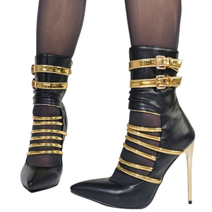 Bottes courtes pour femmes à talons hauts, grande taille 47, avec fermeture éclair latérale, boucles de ceinture dorées, lanières dorées et découpe avant, idéales pour l'été - Product Image 6