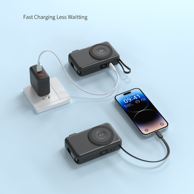 Power Bank 10000mAh Built-in AC Plug & Retractable Cables 15W Phone + 2.5W Smart Watch Magnetic Charger for Short Trip Carry