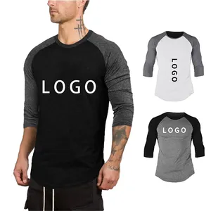 Acogedora Camiseta de manga larga de gimnasio para hombre, logotipo personalizado impreso, algodón transpirable, cuello redondo, diseño de Fitness informal, temporada de verano - Product Image 1