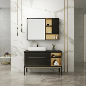 Lantai berdiri warna marmer baja tahan karat vanity kamar mandi dengan laci dan cermin kabinet