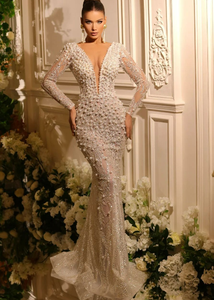 Gaun Malam Formal Elegan Model Putri Duyung Mutiara Utama Berhias Manik-Manik Renda Seksi Kerah V Lengan Panjang Gaun <span class=keywords><strong>Prom</strong></span> Pesta Pernikahan Vestidos - Product Image 2