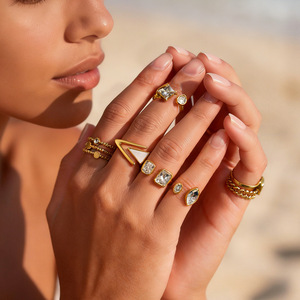 Geometric Stainless Steel Ring With Zircon Inlay <b>Square</b> Triangular Design <b>Adjustable</b> Opening Unisex Jewelry Gift - Product Image 1