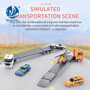 Bemay Toy Diecast Model Car Metal Scale Truck trattore europeo in lega scorrevole con 2 auto sportive - Product Image 3
