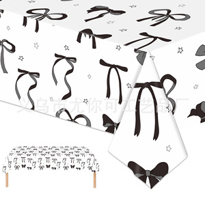 Mantel desechable con lazo en blanco y negro, 137x274 cm, para fiesta de cumpleaños, cubierta de papel plástico de estilo oscuro - Product Image 1