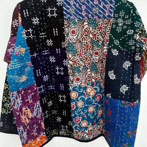 Chaqueta de algodón acolchada reversible y transpirable con patchwork Kantha, cuello en V, manga larga, estilo open stitch, para mujer, otoño-invierno - Product Image 6