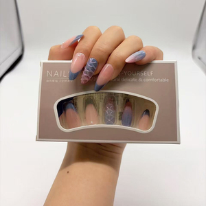 Uñas Postizas de 24 Piezas, Color Rosa y Azul Degradado, con Perlas 3D en Relieve, Diseño de Ondas, Estilo Francés, con Herramientas - Product Image 3