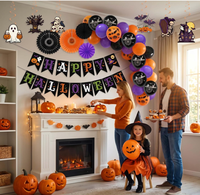 Décorations de fête d'Halloween : Guirlande de lettres suspendues, guirlande de spirales en aluminium, guirlande de points circulaires, éventails en papier, boules en nid d'abeille, ballons imprimés