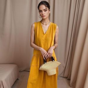 Thanh lịch Linen-Blend v-cổ Maxi Dress thời trang giản dị không tay Ruffle hems có thể giặt trực tuyến bán buôn cung cấp cho phụ nữ phụ nữ - Product Image 3