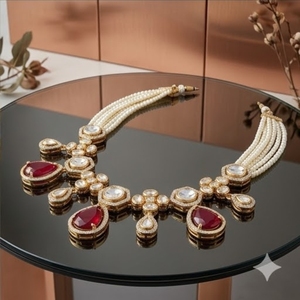 Ensemble de collier en argent 925 avec pierre rouge rubis traditionnelle, pierres en cristal rouge taille poire et collier de perles d'eau douce pour femmes - Product Image 4