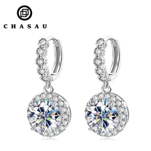 Brincos de prata esterlina 925 de diamante para mulheres, joia de luxo com argola e brincos de moissanite em cor D 2,5 mm