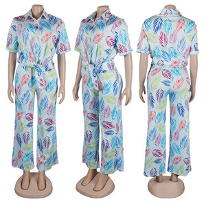 Ensemble de mode pour femmes d'été, 2 pièces, chemise à manches courtes à imprimé feuilles et pantalon, ensemble deux pièces tendance - Product Image 6