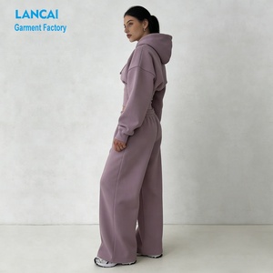 Ensemble de survêtement décontracté à manches longues élégant et personnalisé, taille cintrée, sweat à capuche zippé et pantalon de <span class=keywords><strong>jogging</strong></span> à jambes larges, deux pièces pour femmes - Product Image 2