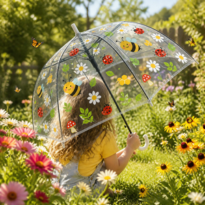 Parapluie semi-automatique transparent pour enfants, imprimé dessin animé, en PVC et fibre de verre, ouverture automatique par bouton, vente en gros, logo personnalisé, pour le soleil - Product Image 6