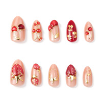 Faux Ongles à Presser en Forme d'Amande, Motif Fraise Douce, 30 Pièces, Faux Ongles 3D Effet Fruité Doré Brillant, en ABS Premium Réutilisables, Application Facile, Vente en Gros