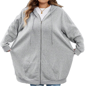 Sudadera con capucha gris extragrande de talla grande para mujer, de algodón polar, corta, transpirable, forrada, informal, holgada, estilo urbano, abrigo cálido de invierno - Product Image 1