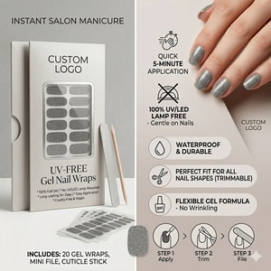 <span class=keywords><strong>Kit</strong></span> de 20 Tiras de <span class=keywords><strong>Uñas</strong></span> de Gel Plateadas con Purpurina No Tóxicas, 100% Gel Completo Sin UV, Larga Duración 14+ Días, <span class=keywords><strong>Uñas</strong></span> Postizas a Presión, Venta al por Mayor - Product Image 2