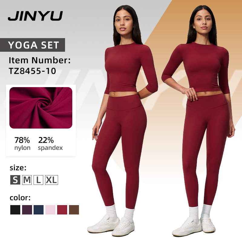 2-Piece Yoga Outfit Nylon Spandex 3/4 Sleeve Crop Top & High Waist Leggings Soft Workout Activewear for Women Set