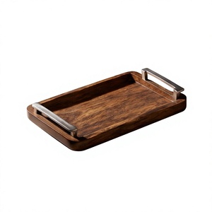 Elegant Modern Design <b>Wooden</b> <b>Serving</b> <b>Platter</b> Dark Mango Wood Tray Featuring Rectangular Contour and Metal Grips - Product Image 1