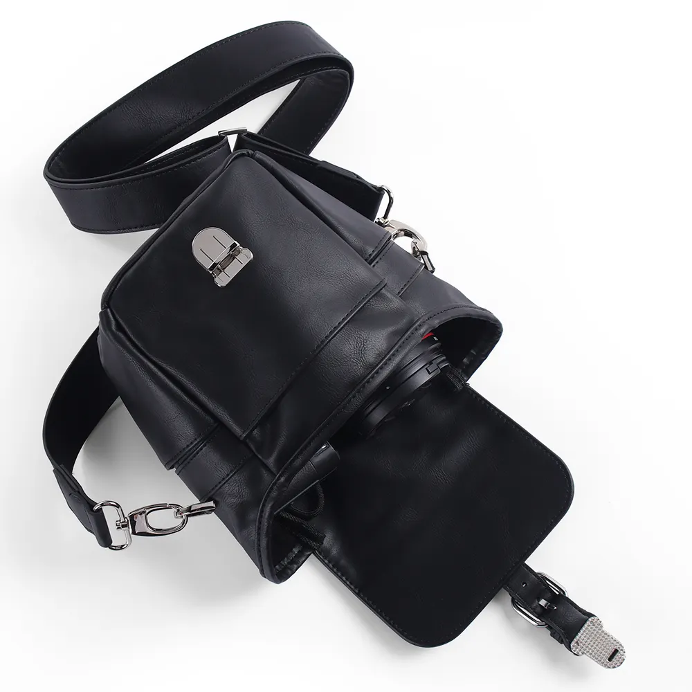 Özel Vegan deri İşlevli erkekler ve kadınlar için Dlrs kamera kol deri kılıfı koruyun Crossbody küçük kamera çantası