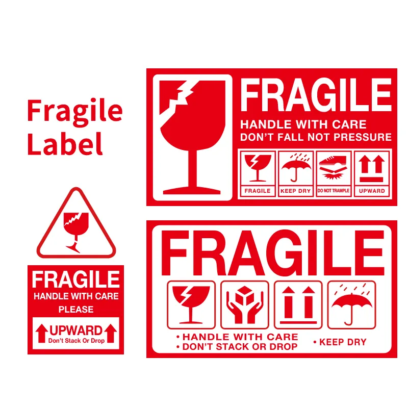 Etiquetas adhesivas frágiles de impresión profesional Oneprint, rollos de envío, etiqueta de advertencia roja personalizada, mango con etiqueta de cuidado