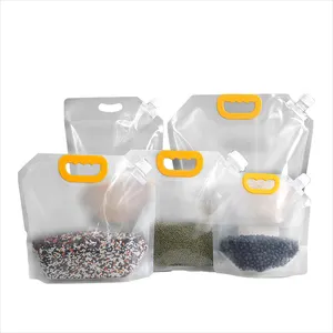 Bolsa de bebida Doypack biodegradable de PVC personalizada, bolsa de plástico líquido reciclable transparente con pico de esquina vertical y asa para leche