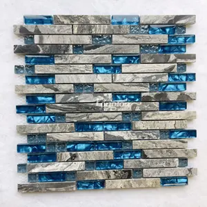 High Quality Stone mix Blue Ice Crack Glass Mosaic Tile Strip Shape Backsplash Grey Marble Mosaic