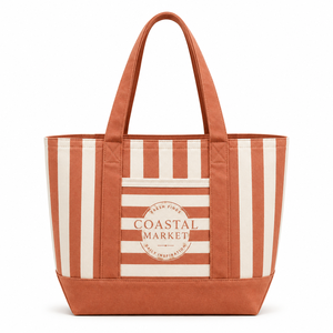 Nouveau sac fourre-tout en toile de coton violet à rayures, réutilisable, brodé, avec fermeture éclair, pour la plage et le shopping - Product Image 2