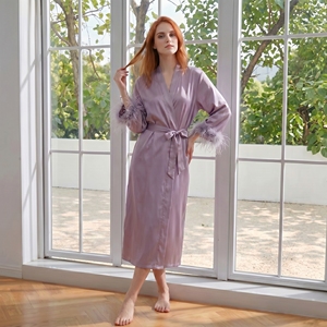 Pigiama da <span class=keywords><strong>donna</strong></span> taglie forti in finta seta viola con bordo in pelliccia, lussuoso e morbido, stile <span class=keywords><strong>accappatoio</strong></span>, comodo per il tempo libero a casa - Product Image 2