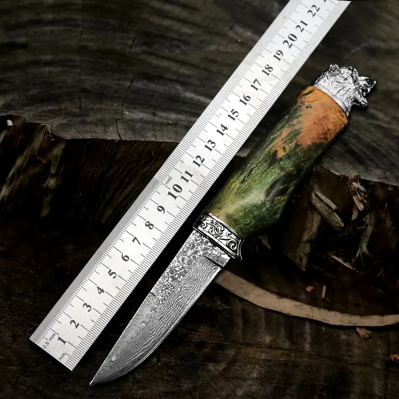 Handmade Damaskus Steel Bushcraft Survival Fixed Blade Knife dengan Sarung Kulit