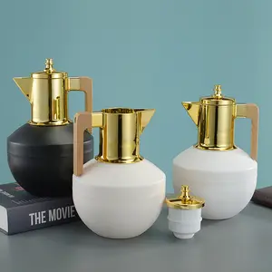 2022 Luxus Arabisch Golden 1L Vakuum Thermoskanne Kaffee Teekanne Mit Rosa Glas Nachfüllung Thermoskanne Vakuum Karaffe Kaffeekanne