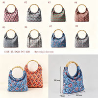 Tas Jinjing Gaya Baru Retro Motif Bunga dengan Cincin Bambu, Gaya Etnik Vintage, Tas Tangan Wanita Portabel untuk Perjalanan Sehari-hari dan Belanja