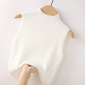 Gilet <span class=keywords><strong>Sans</strong></span> Manches Rétro Chic Très Vendu pour <span class=keywords><strong>Femme</strong></span>, Haut d'Été Décontracté en Tricot Rayé, Court, Col Semi-Montant, Design Large à Fines Côtes - Product Image 4