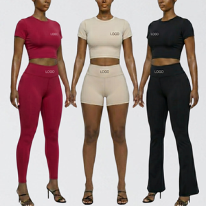Conjunto Deportivo al por Mayor para <span class=keywords><strong>Mujer</strong></span>, 2 Piezas, Top Corto de Manga Corta con Pantalones Cortos o Leggings o Pantalones Acampanados a la Cintura Alta, con Logotipo Personalizado - Product Image 1