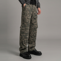 Pantalon cargo camouflage pour homme, style utilitaire, coupe droite, multi-poches, effet usé et déchiré, logo personnalisé, streetwear
