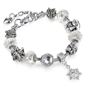 JSA97时尚镀银白色奥地利水晶链手链女式雪花吊坠珠子魅力手链