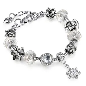 Jsa97 Mode Verzilverd Wit Austrian Crystal Link Armband Dames Sneeuwvlok Hanger Kralen Bedelarmband