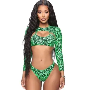 2020 New swimsuit leopard print American hot style swimsuit female one-piece sexy leopard dot long-sleeved green bikini swimming