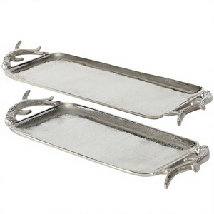 Decorative <b>Trays</b> Set With Antler Handles Christmas Parties Dining Table Decor <b>Silver</b> <b>Tray</b> & Dish Handmade Serving <b>Tray</b> For Party - Product Image 1