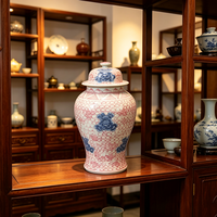 Pot en céramique sous glaçure rose, bleu et blanc, à motif floral, avec couvercle, style chinois, pour rangement et décoration intérieure