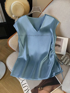 Women's <b>Satin</b> V-Neck Drawstring Ruched <b>Blouse</b> - Cap Sleeve Asymmetrical Hem Top Shirt Fashion - Product Image 6