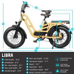 Libra 750W 48V20AH Moteur de moyeu arrière en acier au carbone Vélo électrique à pneus larges Suspension intégrale Frein à disque 2 places 400LBS - Product Image 3