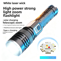 Lampe torche LED solaire à zoom avec lumière blanche + jaune + rouge + bleue, lumière latérale COB, rechargeable par USB-C, étanche, pour le camping, portable, 1000 lumens